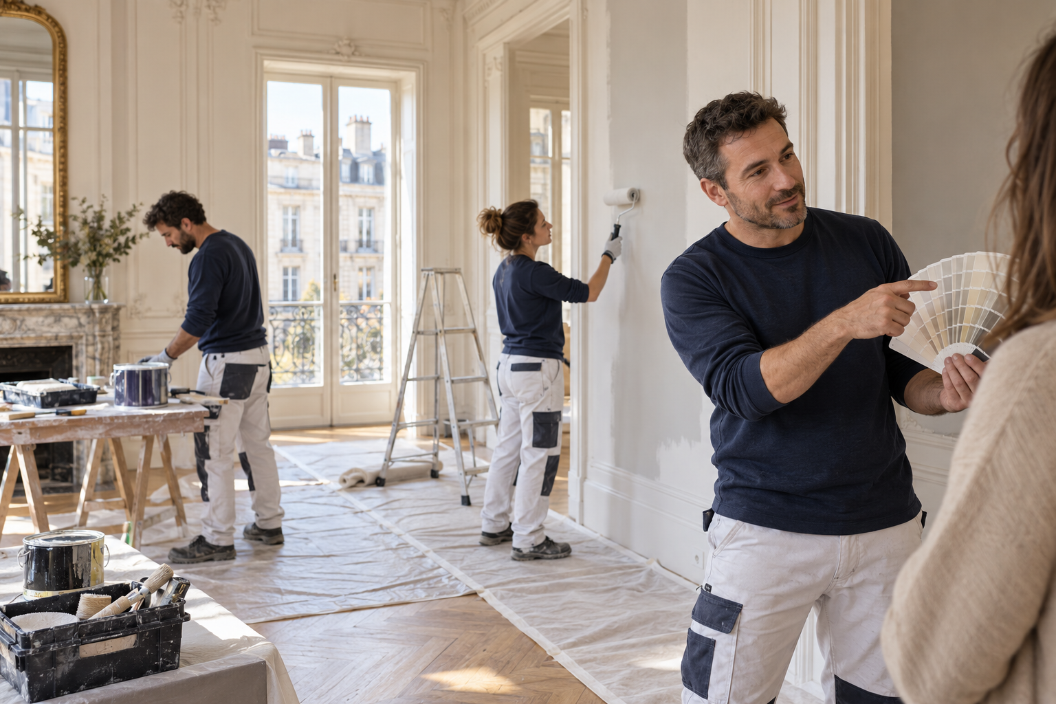 Artisans peintres préparant et rénovant un intérieur bordelais